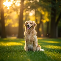 A Dog, Golden retriever, sitting in lush green grass, park setting, warm sunset light, bokeh background