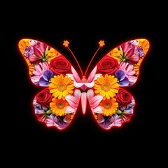 Colorful butterfly made of vibrant flowers on a black background
