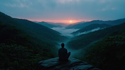 Fototapeta premium A person sits and watches a beautiful mountain sunset scene