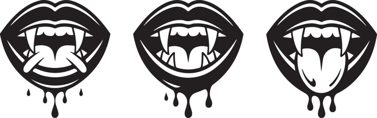 Set of vampire mouths with fangs and dripping blood in black and white. Horror Halloween clipart, gothic vampire lips vector illustration