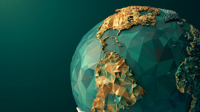 Low-poly globe model, teal and gold tones, showcasing continents in geometric detail against a dark teal background Free space for text or logo placement