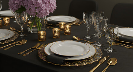 Sophisticated Dinner Table Setting Featuring Gold Utensils And Luxury Plating