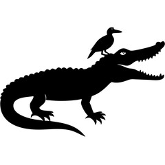 Fototapeta premium Silhouette of Alligator with Bird on Back Wildlife Vector for Designs and Illustrations