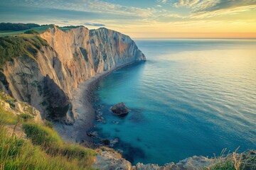 Showcases Dramatic Coastal Cliffs Sunset. Are Tall Layered, Dropping Steeply Rocky Beach Turquoise Ocean. Warm Sunset Light Highlights Texture Contrasts Beautifully Cool Ocean Water.