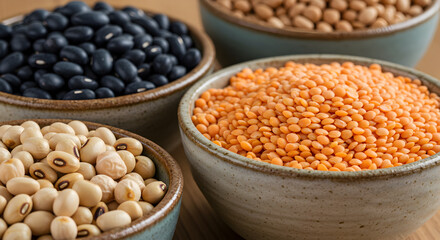 Fototapeta premium Assorted Organic Beans and Lentils in Ceramic Bowls Macro Close Up