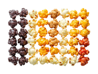 Colorful popcorn varieties displayed for tasty treats isolated on transparent background, png
