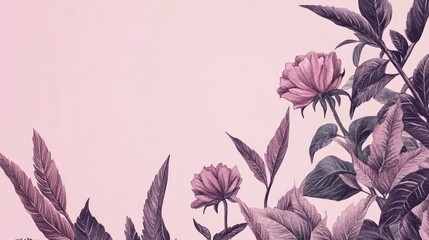 Delicate Pink Flowers and Lush Leaves Botanical Design
