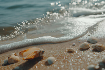 Shows Close-Up View Several Seashells Scattered Sandy Beach As Gentle Wave Recedes. Wave'S Foam Sunlight Create Sparkling Effect Wet Sand.
