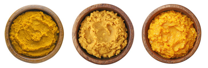 Top view of mashed Indian dal in wooden bowls on transparent background, yellow lentil paste with soft texture, cooked pulses for curry base, vegan ingredient, food prep