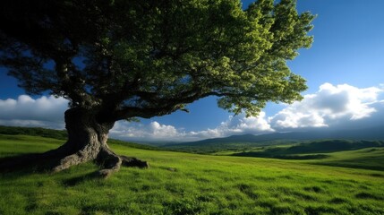 Lush green meadow with ancient tree, expansive landscape under vibrant sky