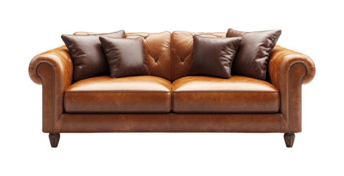 Elegant leather sofa with cushions home living room isolated on transparent background, png