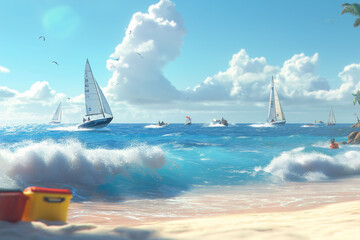 Depicts Vibrant Ocean Scene Several Sailboats Participating Race. Waves Crash Sandy Beach Foreground, Person Visible Near Shore. Features Bright Blue Sky Fluffy White Clouds Hints Tropical Vegetation.