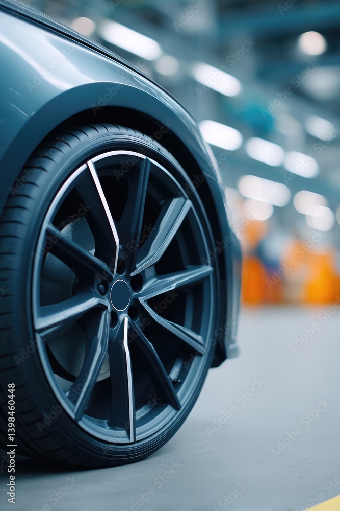 Poster sleek display of new car wheel against subtle blurred backdrop of busy workers ample copy space