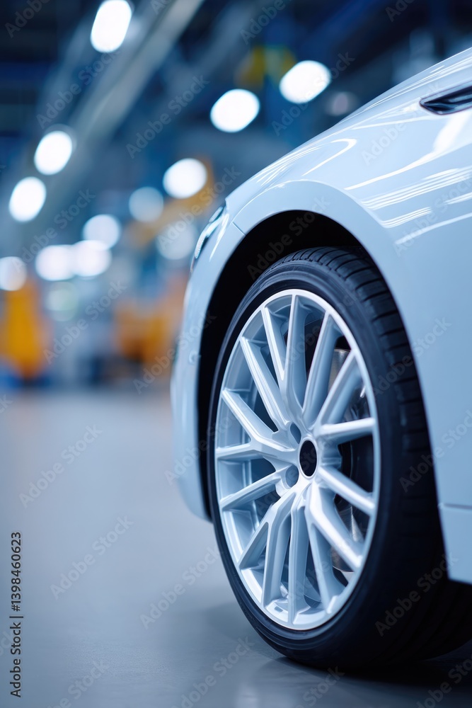 Poster sleek display of new car wheel against subtle blurred backdrop of busy workers ample copy space
