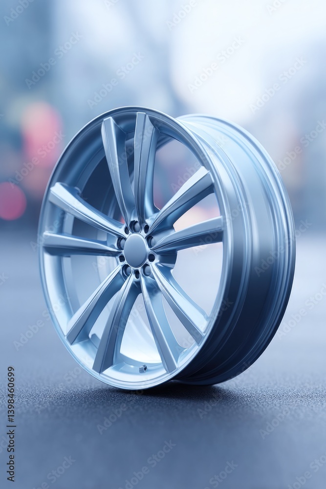 Poster sleek display of new car wheel against subtle blurred backdrop of busy workers ample copy space