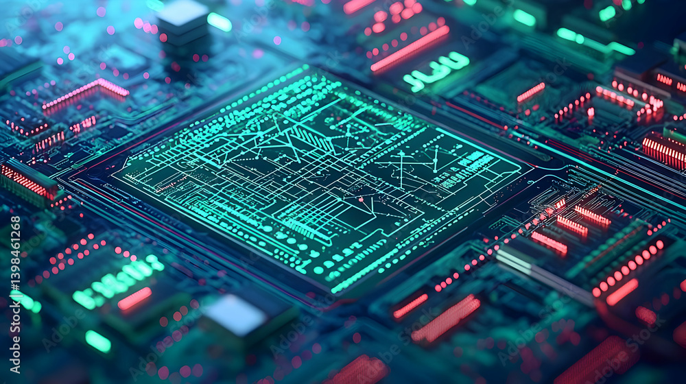 Poster abstract computer chip detail with glowing circuit