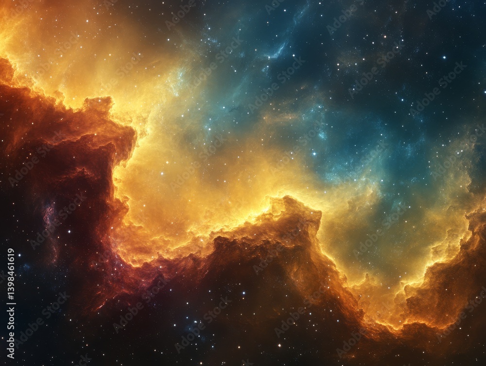 Poster celestial tapestry: a vibrant nebula weaving gold and azure threads through the cosmos, illuminated 