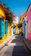 Obraz premium Colorful Alleyway Charm: A vibrant alleyway with a captivating display of brightly painted houses, each in a distinct color, framed against a cloudless sky.