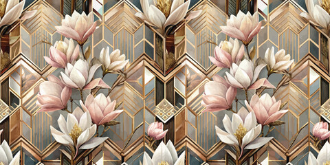 Beautiful floral and geometric patterned wallpaper design featuring elegant blossoms.