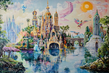 Obraz premium Watercolor Fantasy Cityscape Reflection on Water Surface Scenery