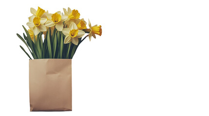 a brown paper bag filled with a bouquet of white daffodils on a transparent background, PNG image, PNG file, Generative art.