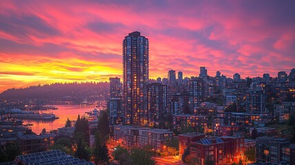 Obraz premium Fiery Sunset Over Cityscape: A Vibrant Panorama of Urban Twilight