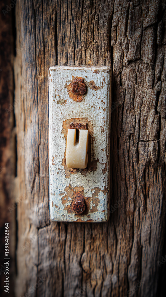 Poster old, weathered light switch on rustic wood, showing age and texture, representing history, time, and