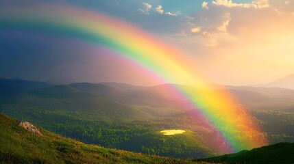 Rainbow Stretching Across a Stormy Sky Over a Natural Landscape