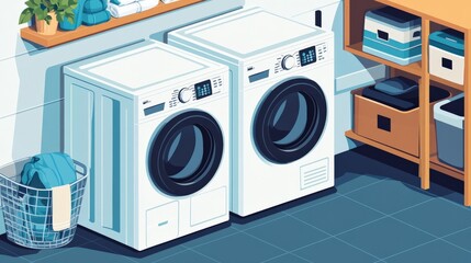 Modern laundry room featuring stacked washing machine and dryer with neatly organized shelves