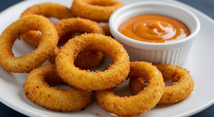Golden Crispy Onion Rings Served With Dipping Sauce On Plate