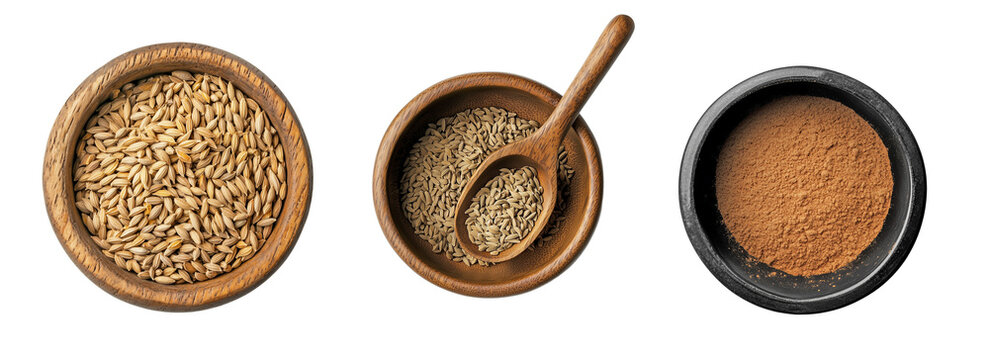 Top view of cumin in whole seeds and ground form in wooden and black bowls on transparent background, aromatic Indian spice for cooking and seasoning, commercial ingredient