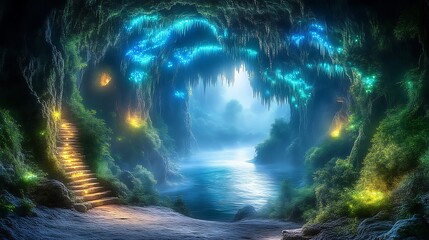 Obraz premium A mysterious cave entrance with glowing lights and a waterway