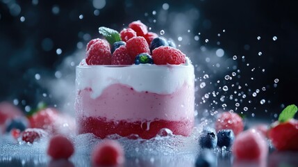Layered berry smoothie parfait, topped with fresh berries and whipped cream, surrounded by water splashes