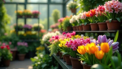 Vibrant Spring Blooms in a Greenhouse Setting A Colorful Array of Potted Flowers in Full Bloom, Ready for Display or Sale
