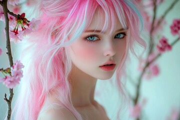 Naklejka premium Pretty caucasian young woman surrounded by cherry blossoms. Spring mood, soft daylight and fog. Commercial ad campaign visual idea artwork. Woman in blooming cherry tree park.