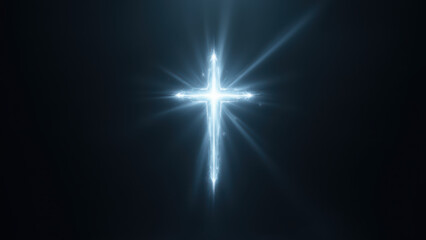 Fototapeta premium Illuminated Christian cross shining brightly in a dark space.