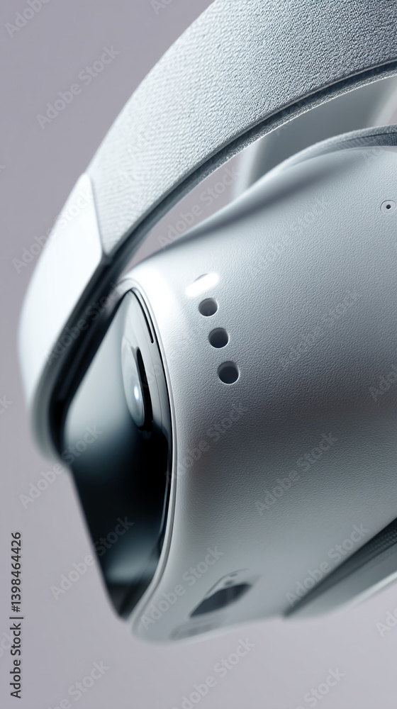 Poster close-up of a white headset's textured surface and headband, showcasing its smooth design and techno