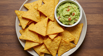 Gluten Free Tortilla Chips With Guacamole On Wooden Table Top View