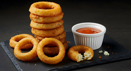 Golden Crispy Onion Rings Stacked With Dipping Sauce On Black Slate