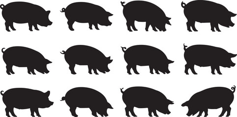 Pig Silhouettes in Different Natural Poses for Farm Animal Icon, Livestock, and Agriculture Vector Design Elements