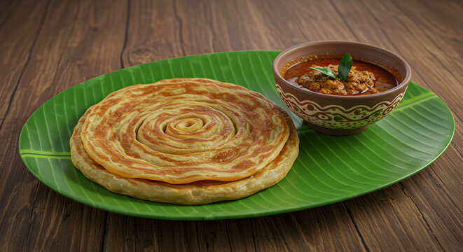 South Indian Parotta And Curry Dip On A Banana Leaf Plate Food