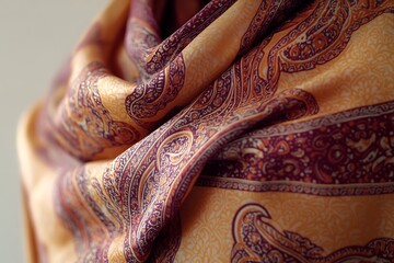 Close-up of a pashmina scarf in warm orange and burgundy tones, with intricate paisley patterns, loosely draped over the shoulders, with a light taupe background.