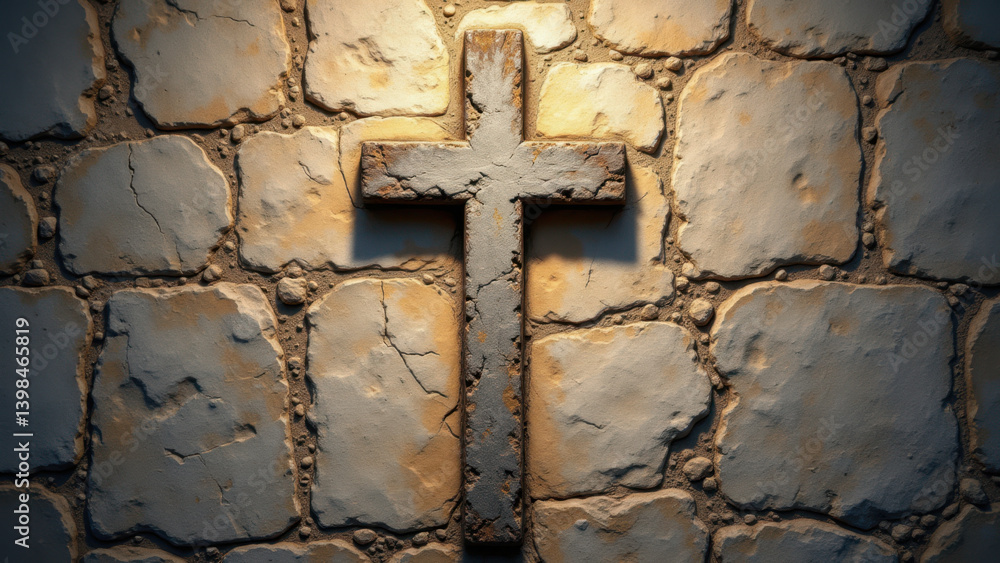 Poster cross on a stone wall with a light source behind it.