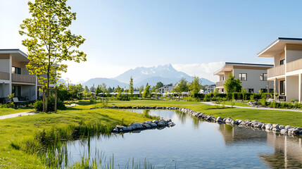 Fototapeta premium Modern Residential Homes Landscape With Pond And Mountains