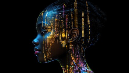 Obraz premium Digital Portrait: A Woman's Face Illuminated by a Cityscape