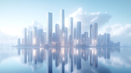 Modern city skyline reflecting on calm water under a bright sky