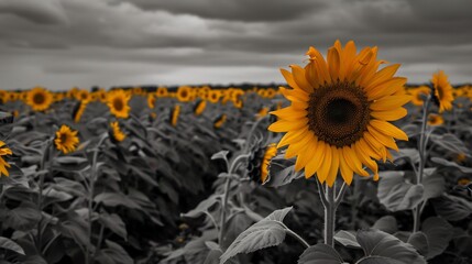 Bright sunflower field in selective color stretching under a grayscale sky bathed in warm golden hour light