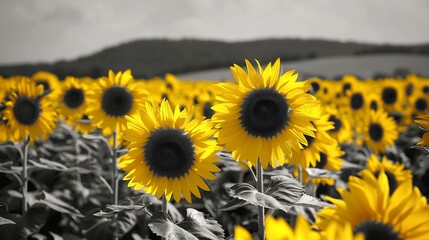 Bright sunflower field in selective color stretching under a grayscale sky bathed in warm golden hour light