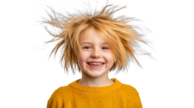 portrait of a little girl with red hair blowing in the wind, wearing an orange sweater and a yellow sweater, black photo on a transparent background, PNG image, PNG file, Generative art.