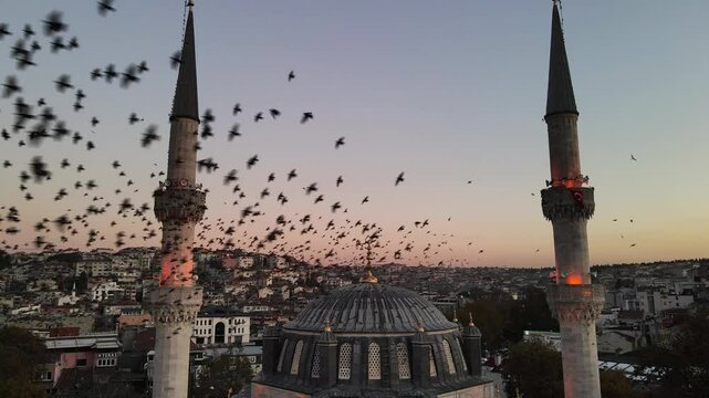  Starling Birds Group Dance in the Uskudar Valide Sultan Mosque Drone Video, Uskudar Istanbul, Turkiye (Turkey)